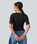 Haut de sport yoga OneForm sans couture Flow col rond échancré manches courtes