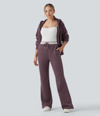 Pantalon jogging évasé molleton coton taille haute avec cordon de serrage, poches, empiècements contrastés et ourlet fend