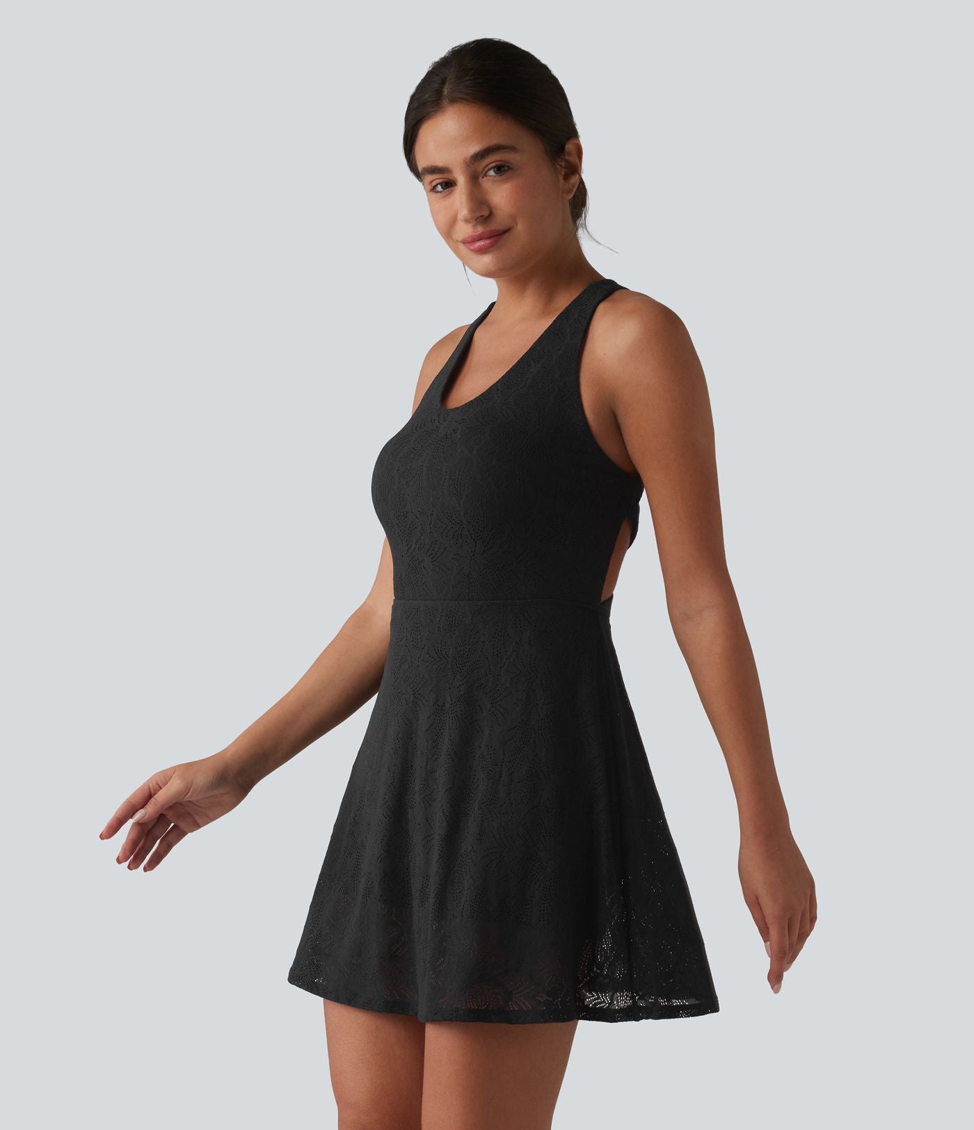 Robe de yoga évasée 2-en-1 SoftlyZero™ QuickDry avec soutien-gorge intégré, dentelle contrastée et poches - Édition Easy Peasy