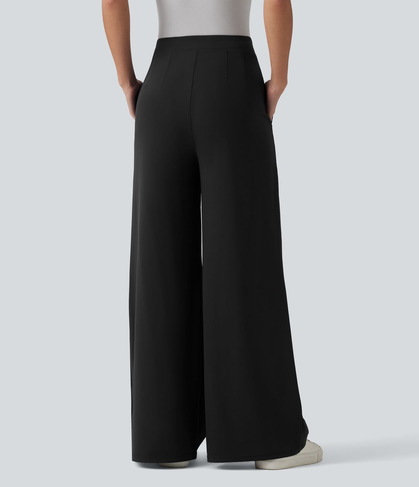 Pantalon tailleur évasé asymétrique taille mi-haute avec poches