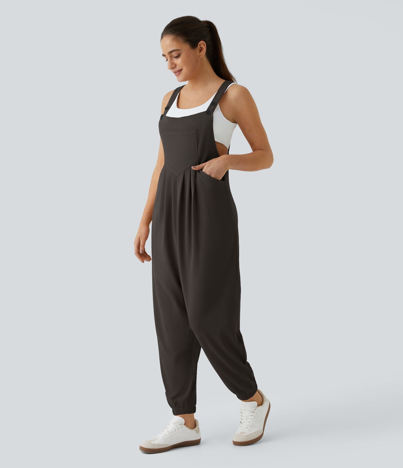 Salopette Casual Bretelles Ajustables Boutonnés Multiples Poches Plis et Tissu Gaufré