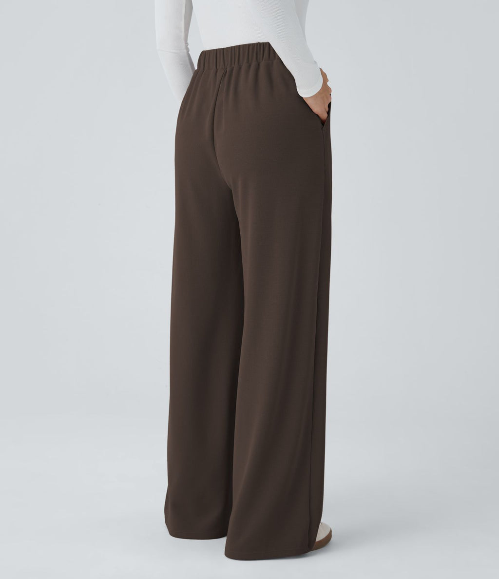 Pantalon taille haute décontracté large en maille gaufrée, avec poches