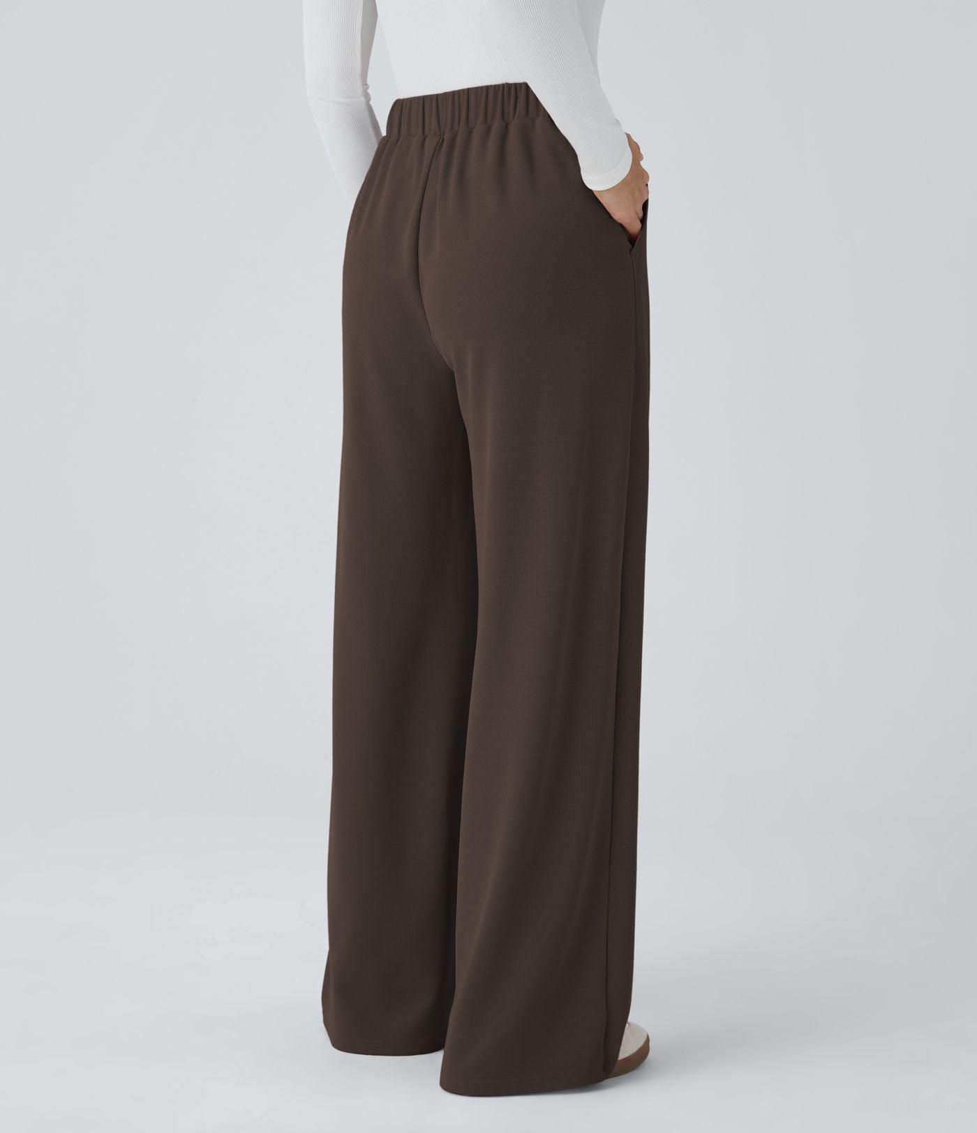 Pantalon taille haute décontracté large en maille gaufrée, avec poches