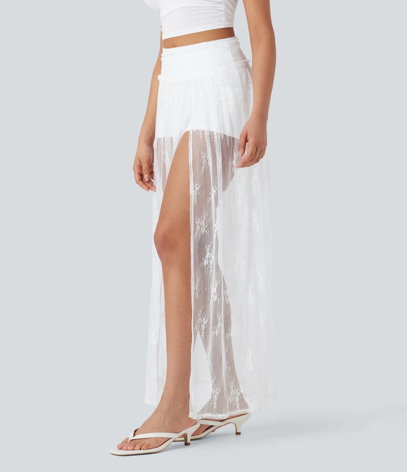 Jupe maxi décontractée 2-en-1 taille haute dentelle fendue avec poche latérale