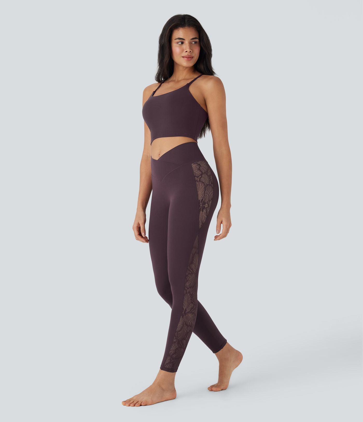Softlyzero™ Legging Yoga 7/8 Taille Haute avec Poche au Dos Découpe Croisée et Dentelle Contrastante