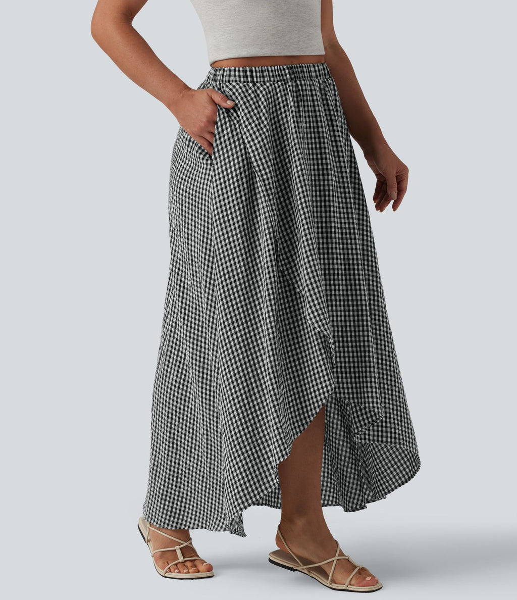 Jupe mi-longue décontractée fluide asymétrique taille haute à carreaux aspect lin avec poches