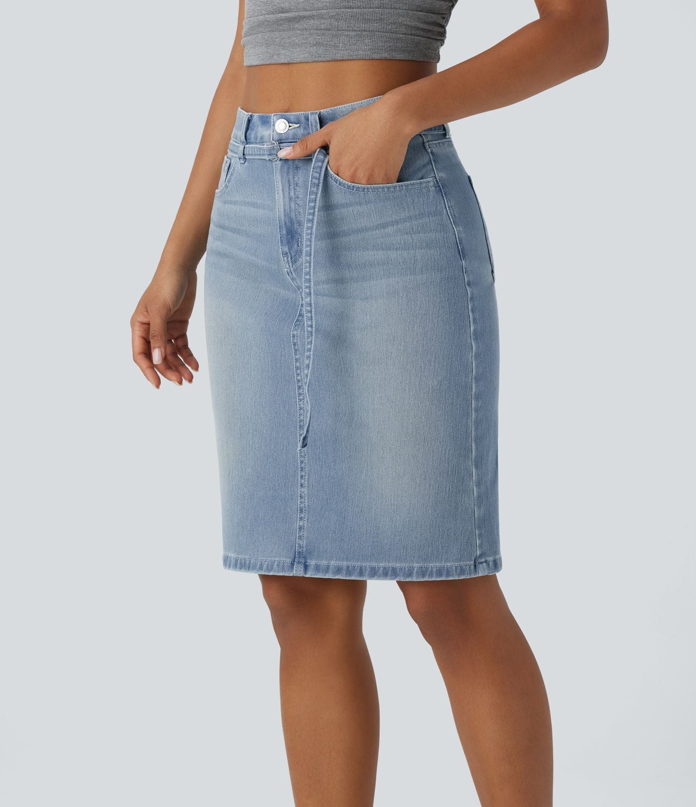 Jupe en Jean midi décontractée extensible délavée à taille moyenne avec boutons, fermeture éclair, poches multiples et fente