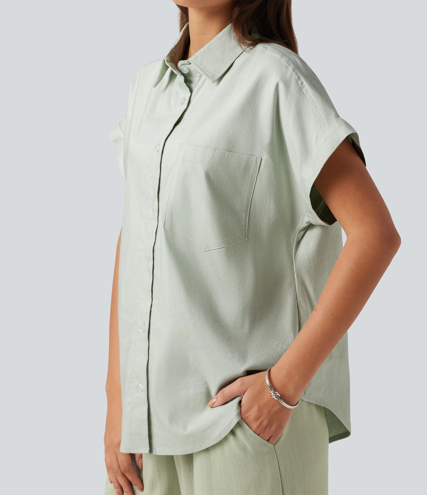 Chemise décontractée manches courtes en coton et lin avec poche