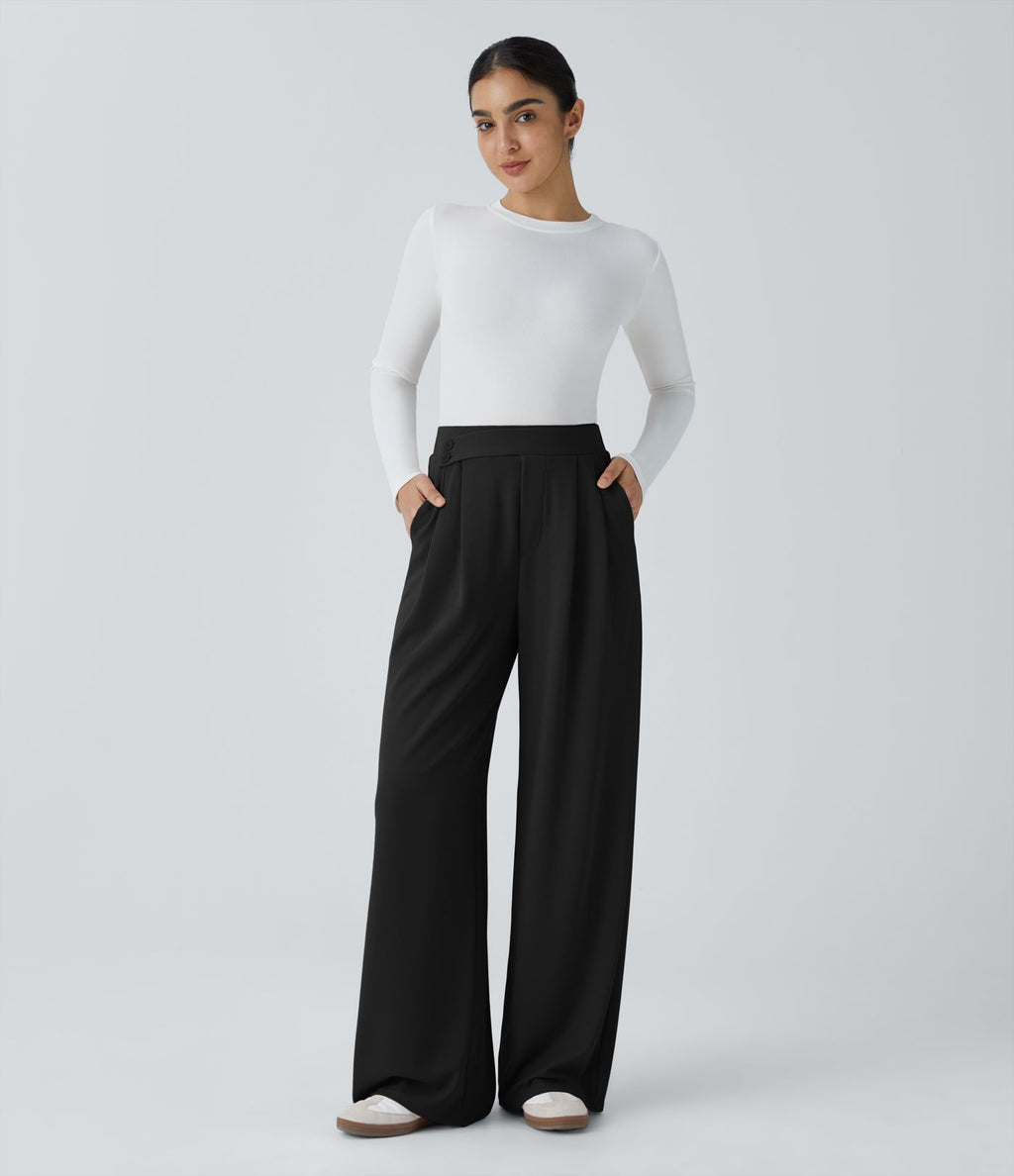 Pantalon taille haute décontracté large en maille gaufrée, avec poches