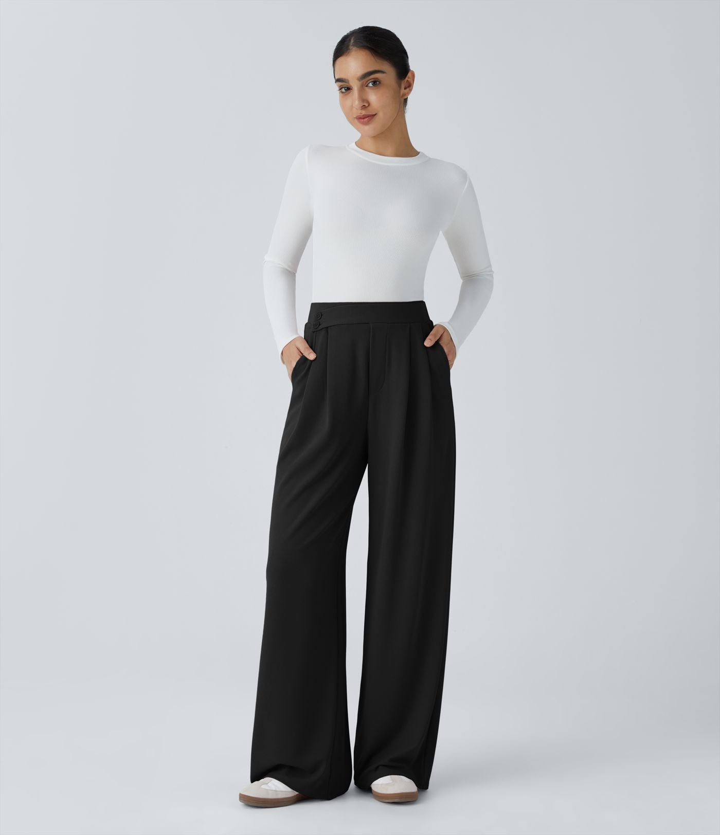 Pantalon taille haute décontracté large en maille gaufrée, avec poches
