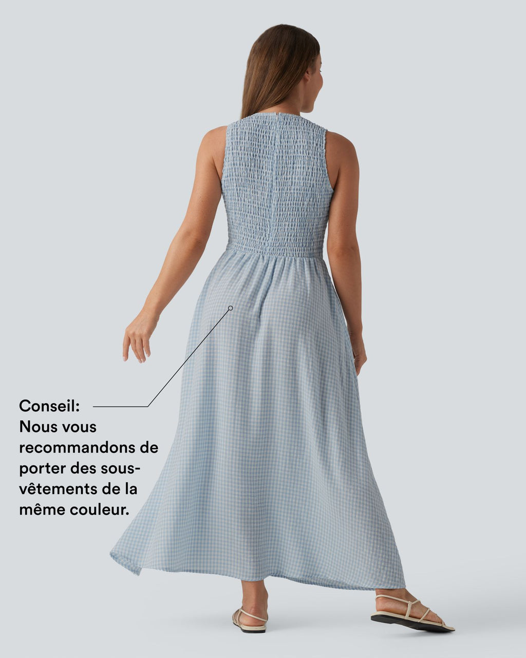 Robe midi fluide casual col rond sans manches à smocks et carreaux aspect lin avec poches
