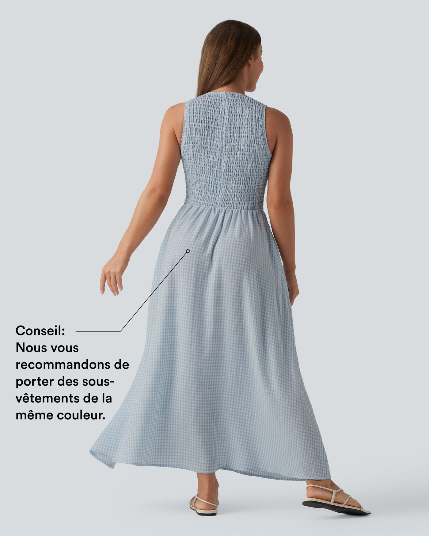 Robe midi fluide casual col rond sans manches à smocks et carreaux aspect lin avec poches