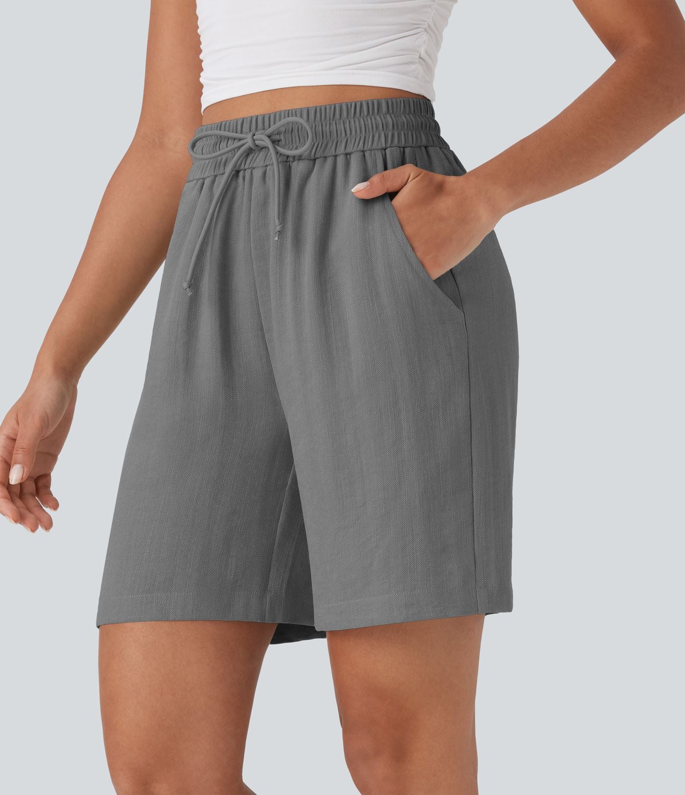 Short décontracté effet lin taille haute avec cordon de serrage et poches latérales
