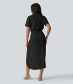Robe-chemise casual midi en mousseline infroissable manches courtes portefeuille avec nœud frontal et poche