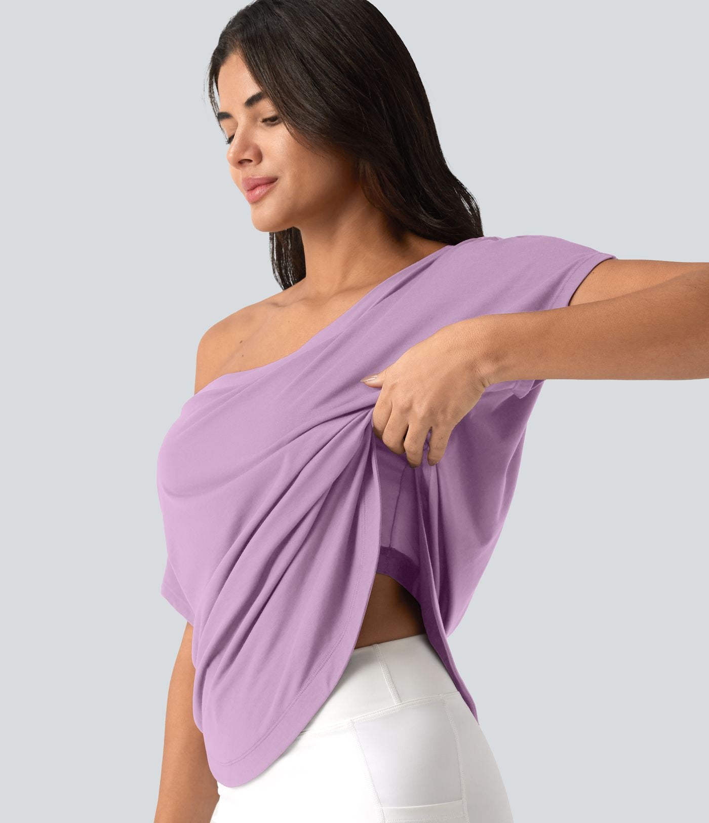 Top de sport yoga asymétrique à épaule dénudée manches courtes ourlet arrondi et coupe asymétrique à séchage rapide – Soutien-gorge intégré