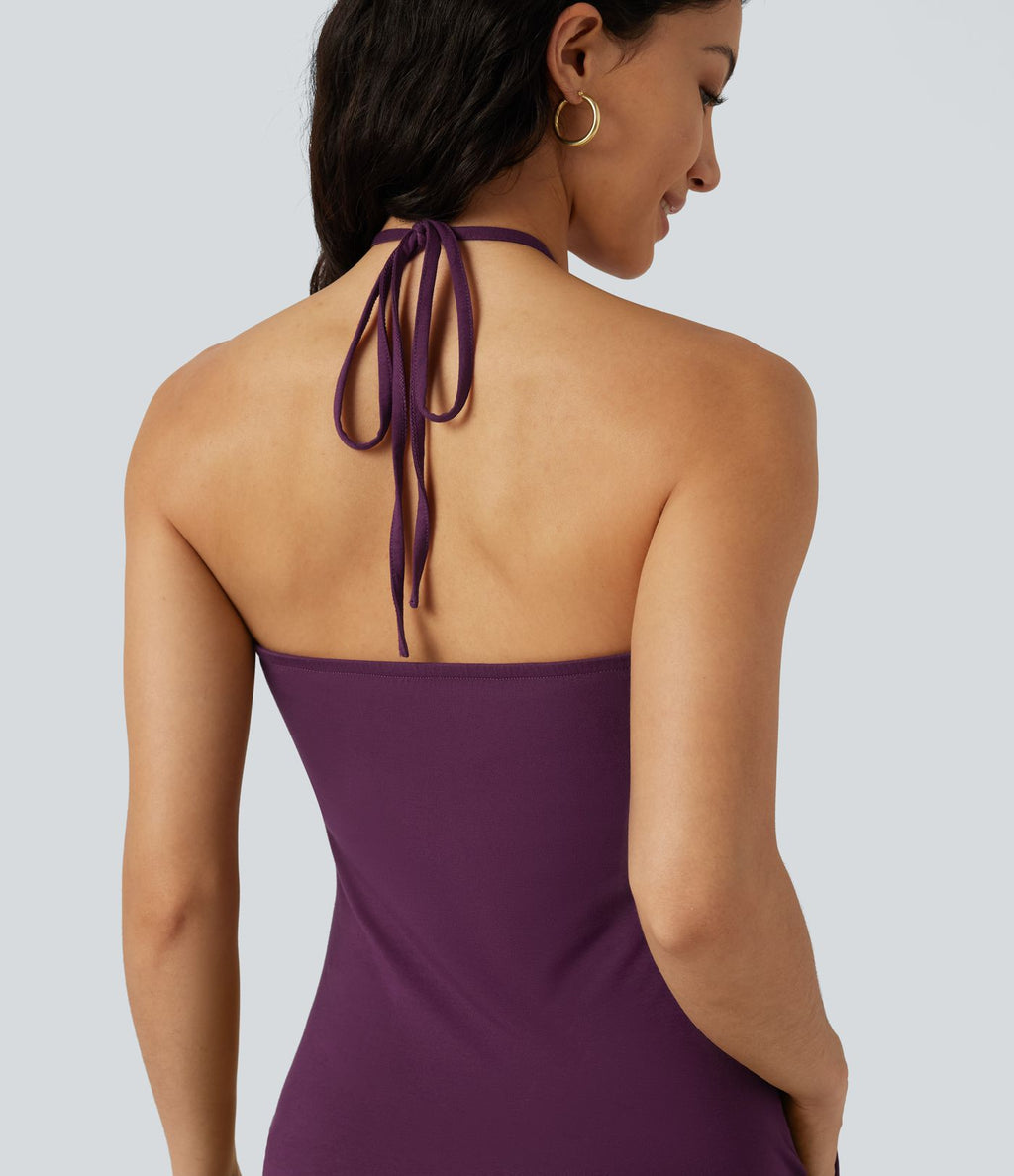 Robe mini de plage à col halter avec brassière intégrée, lien noué au dos et poches