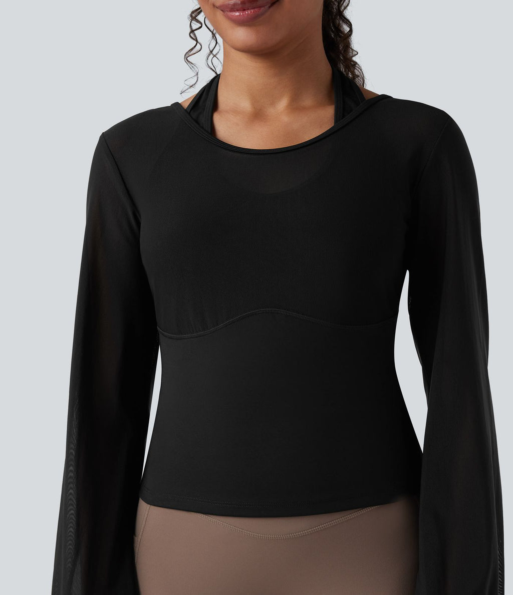 Haut de sport de yoga SoftlyZero™ aérien dos nu dos-nu manches longues bishop mesh contrastant - UPF50+