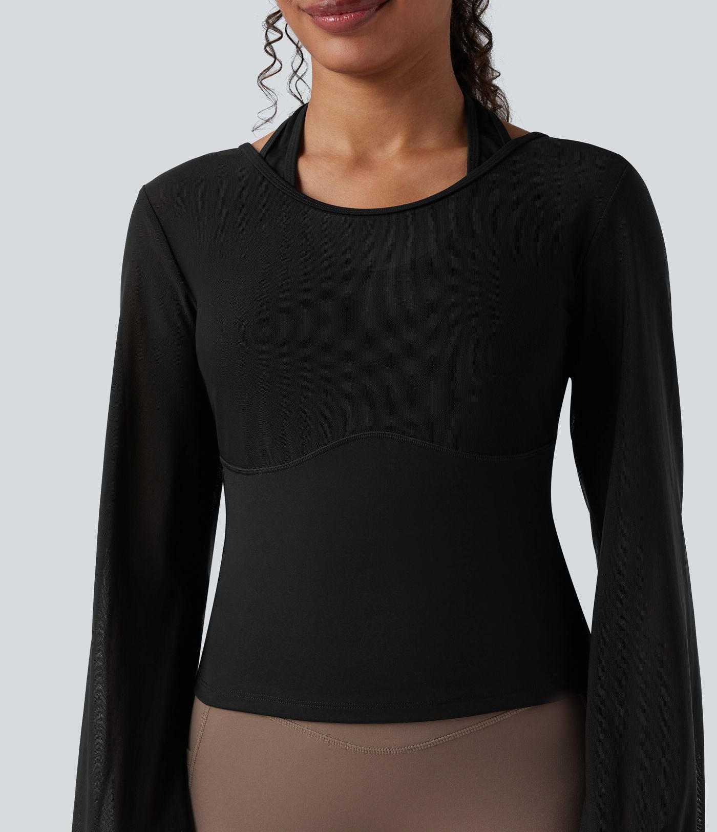 Haut de sport de yoga SoftlyZero™ aérien dos nu dos-nu manches longues bishop mesh contrastant - UPF50+
