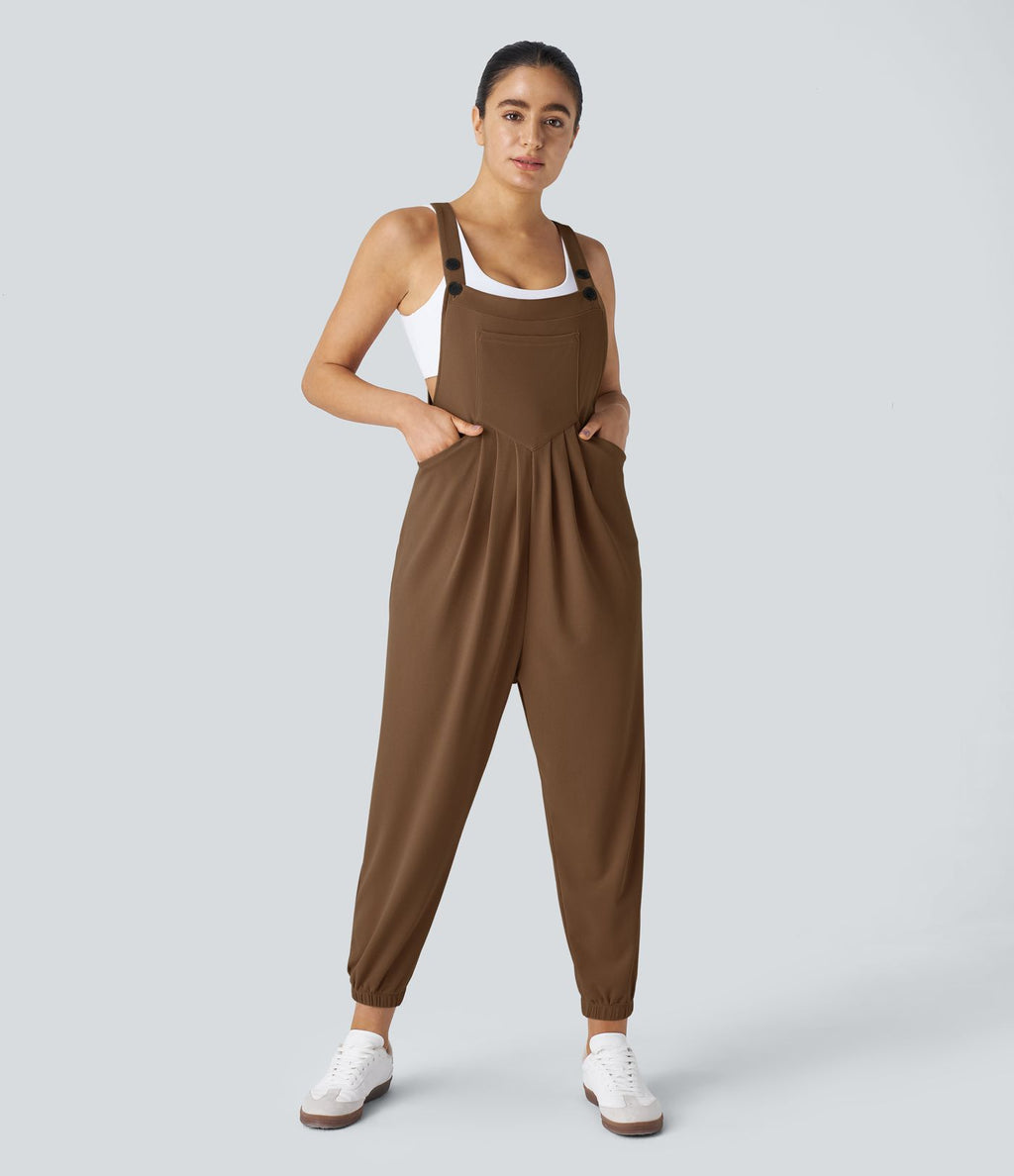 Salopette Casual Bretelles Ajustables Boutonnés Multiples Poches Plis et Tissu Gaufré
