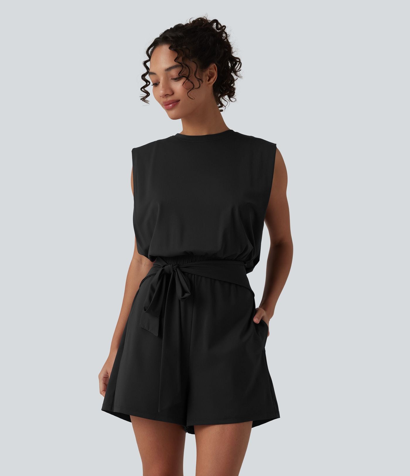 Combishort décontracté col rond sans manches effet frais InstantCool avec nœud frontal et poches, accès facile Easy Peasy, protection solaire UPF50+