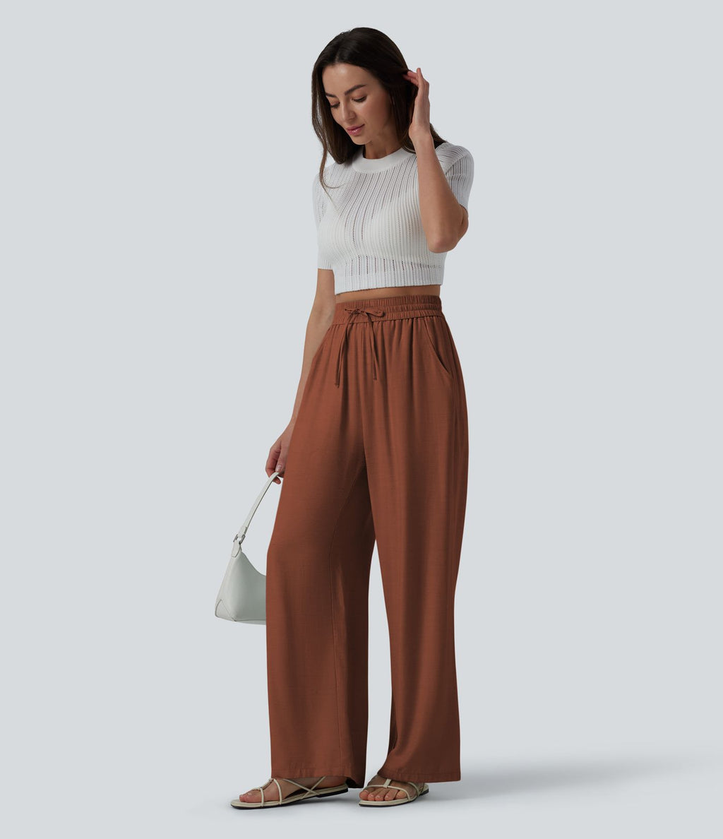 Pantalon casual large fluide mélange lin taille haute avec cordon de serrage et poches