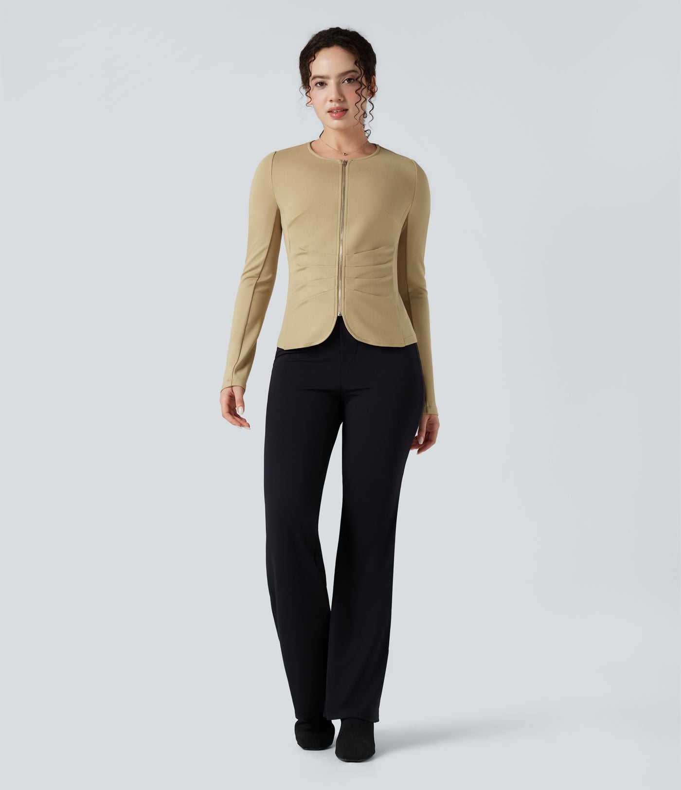 Blazer de travail col rond froncé zippé à manches longues