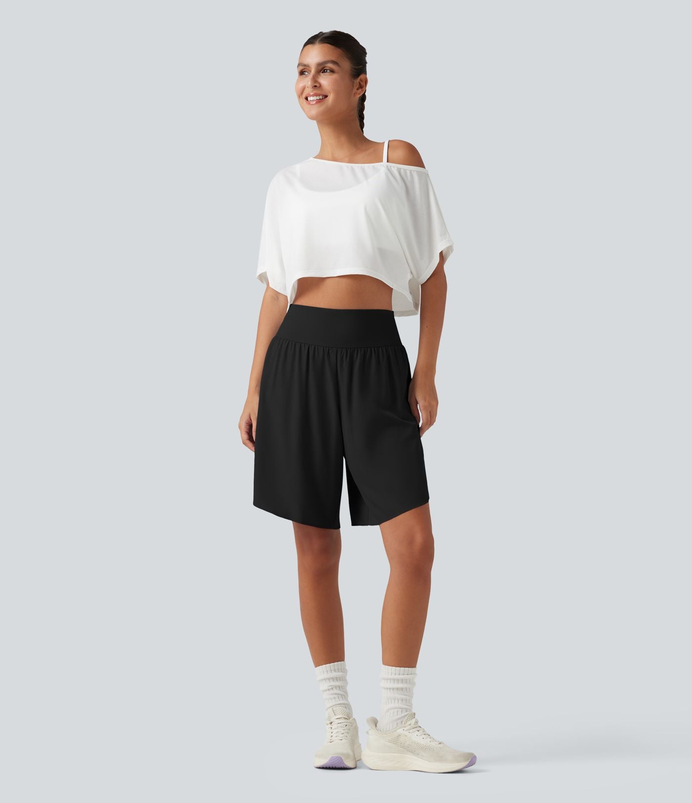 Short de course 2 en 1 SoftlyZero™ QuickDry taille haute, effet ventre plat, pois réfléchissants, ourlet croisé, 23 cm, avec poches
