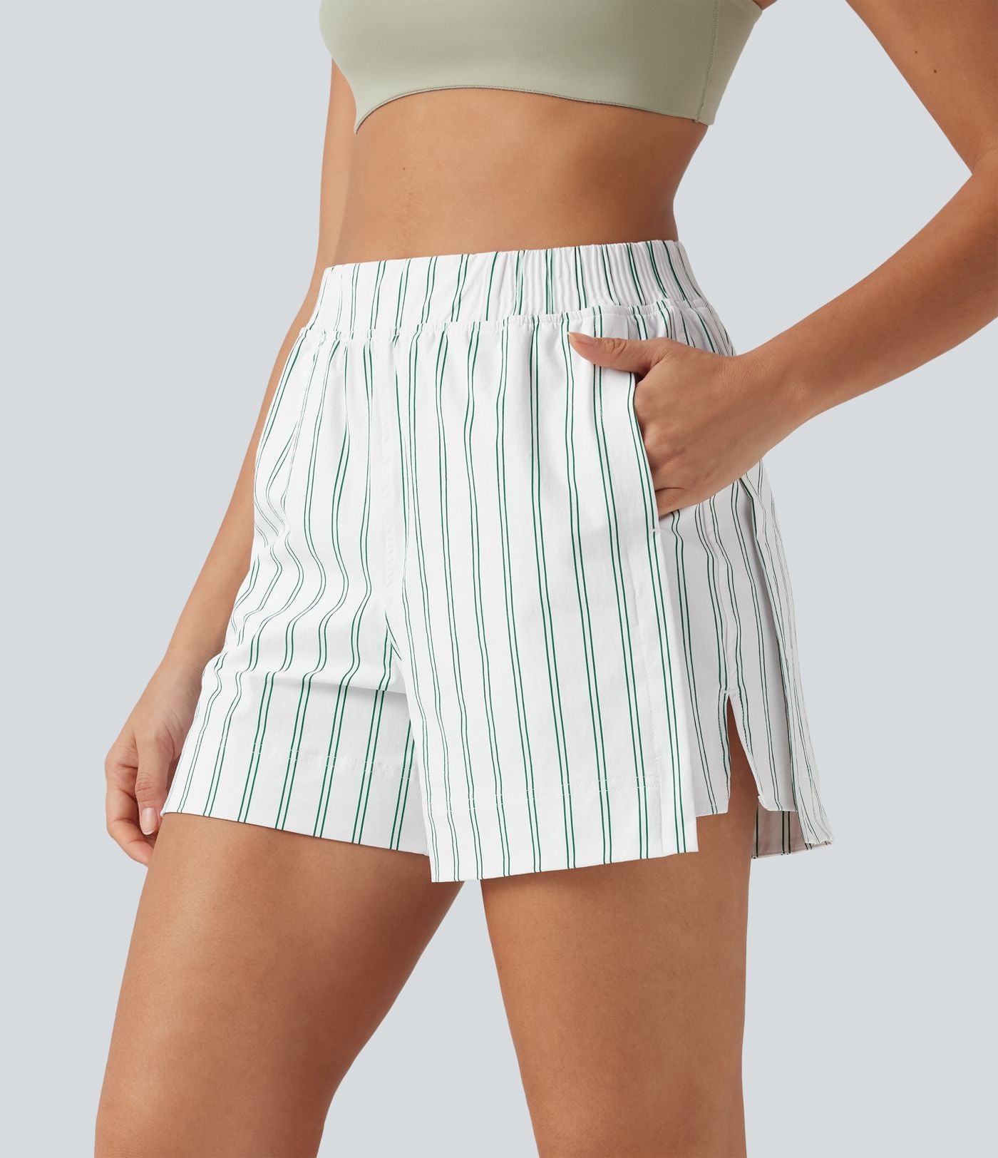 Short de tennis à rayures, taille haute, fente, 10 cm, à poches