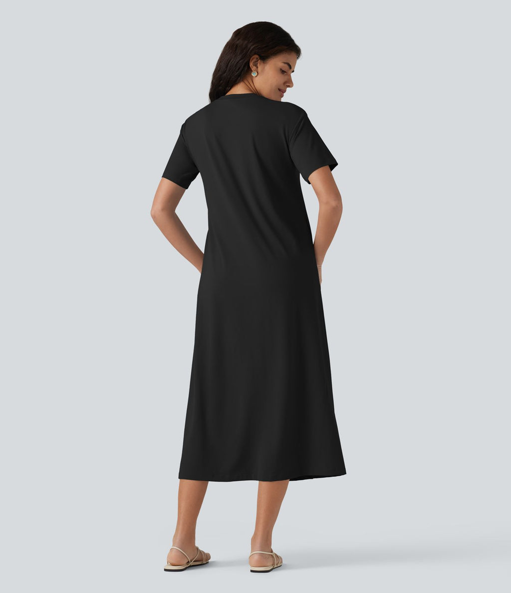 Robe midi décontractée à col rond, manches courtes et poches