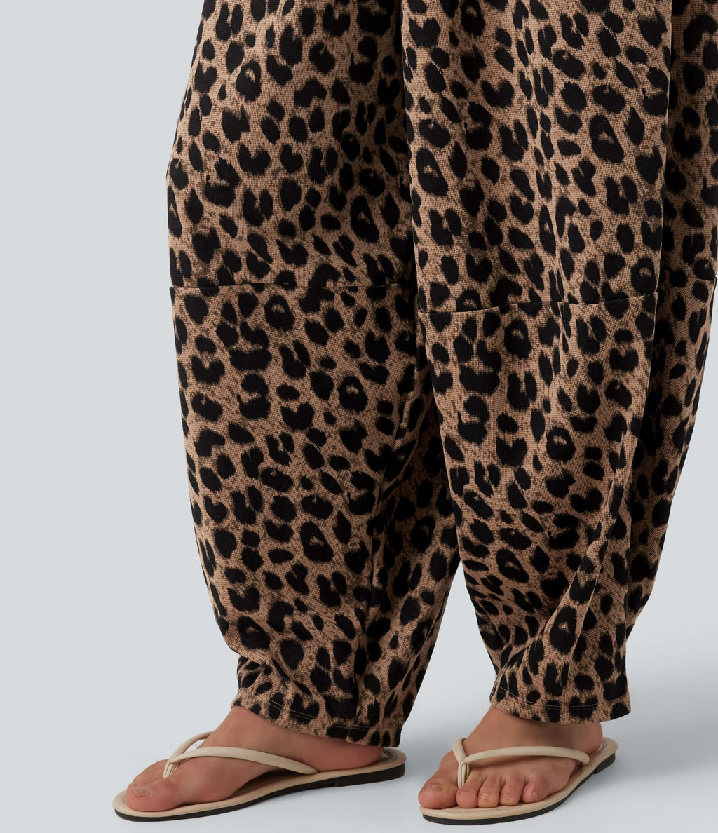 Jogging casual fluide gaufré imprimé léopard taille haute avec poches