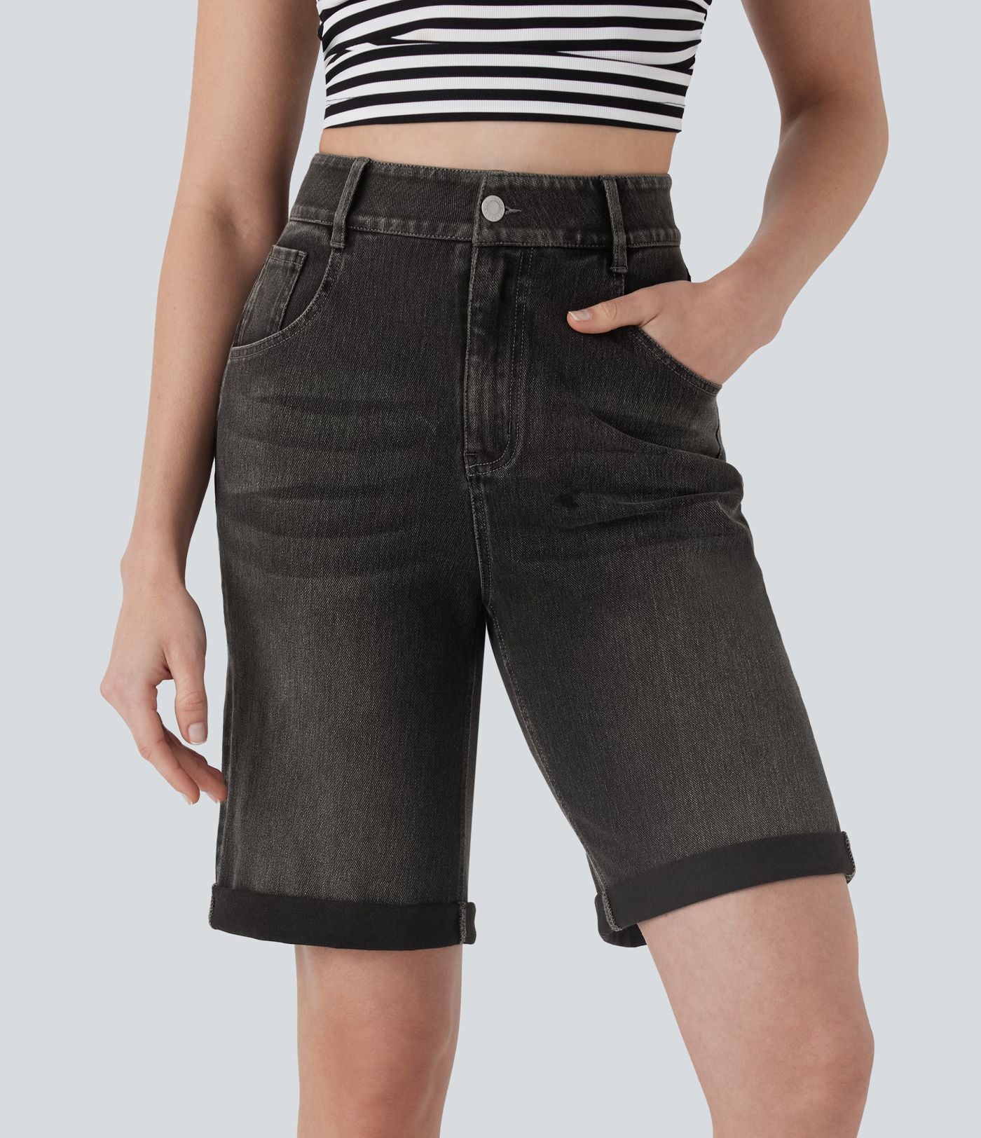 Bermuda décontracté en jean extensible délavé Halara Flex™ taille haute avec revers et multiples poches