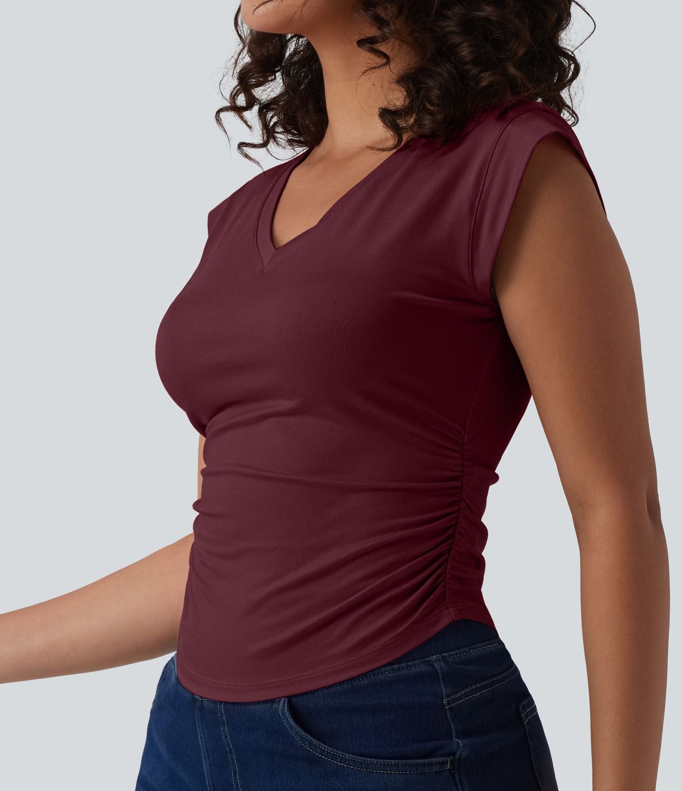 T-shirt décontracté col V manches courtes ourlet arrondi froncé