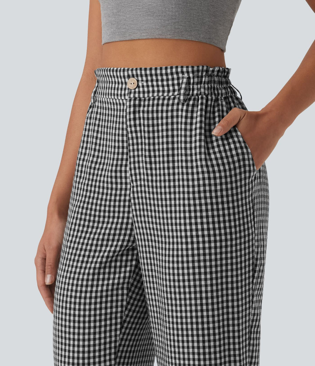 Pantalon 7/8 décontracté aspect lin à carreaux taille haute avec poches