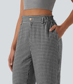 Pantalon 7/8 décontracté aspect lin à carreaux taille haute avec poches