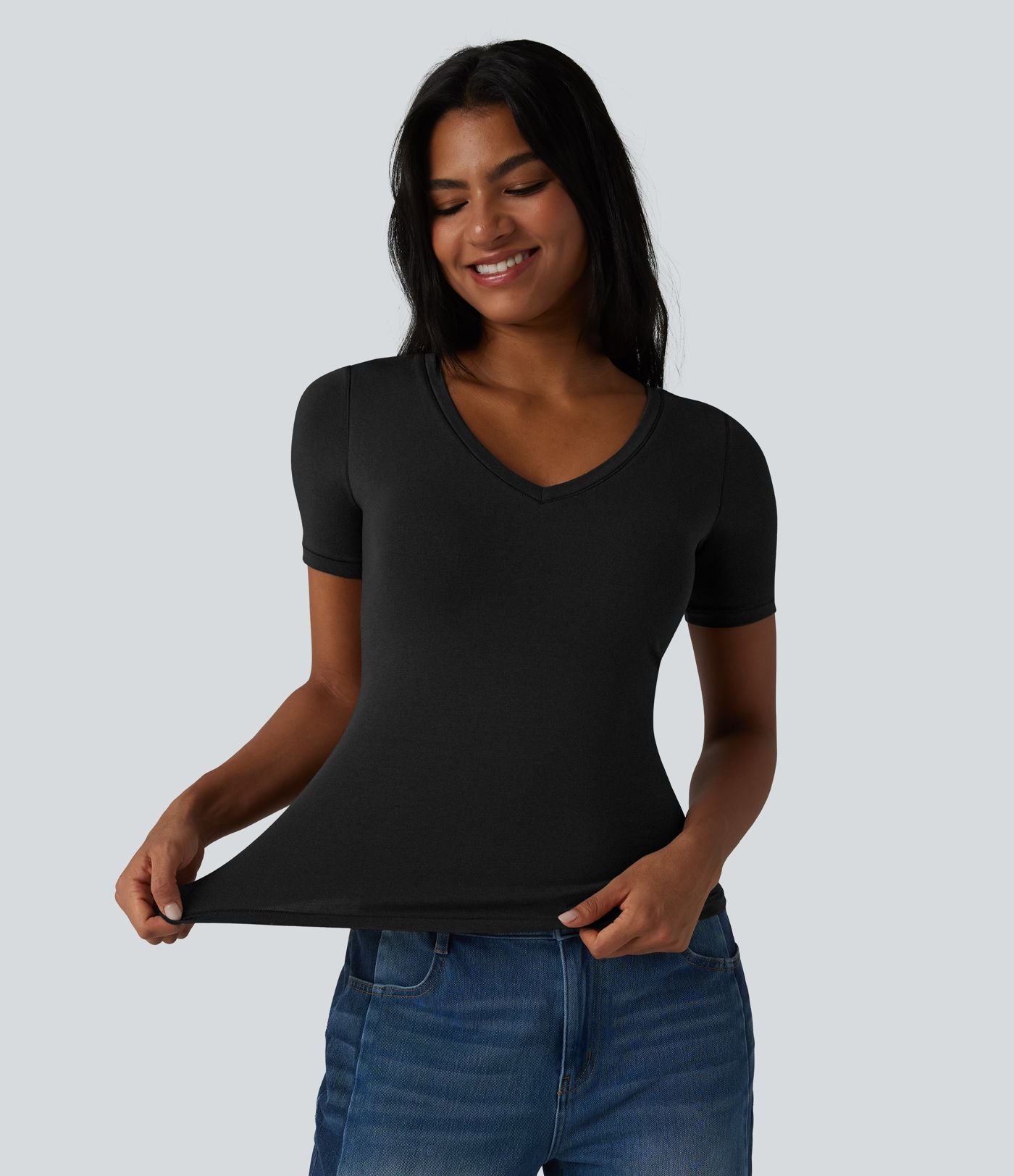 Halara T-shirt décontracté en jersey de coton col V manches courtes avec soutien-gorge intégré bonnets B-DD