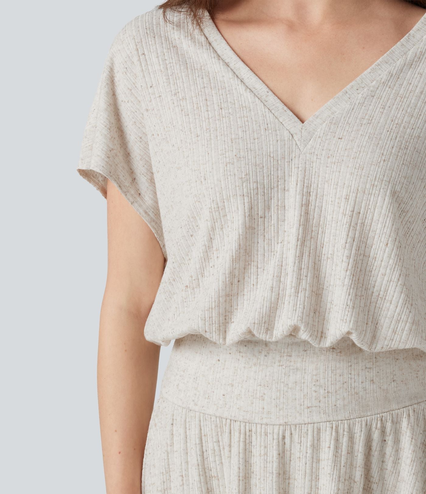 Robe mini décontractée 2-en-1 en maille côtelée mélange de lin, col V, manches courtes, coupe fluide