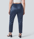 Pantalon tailleur fuselé en satin taille haute grande taille avec poches