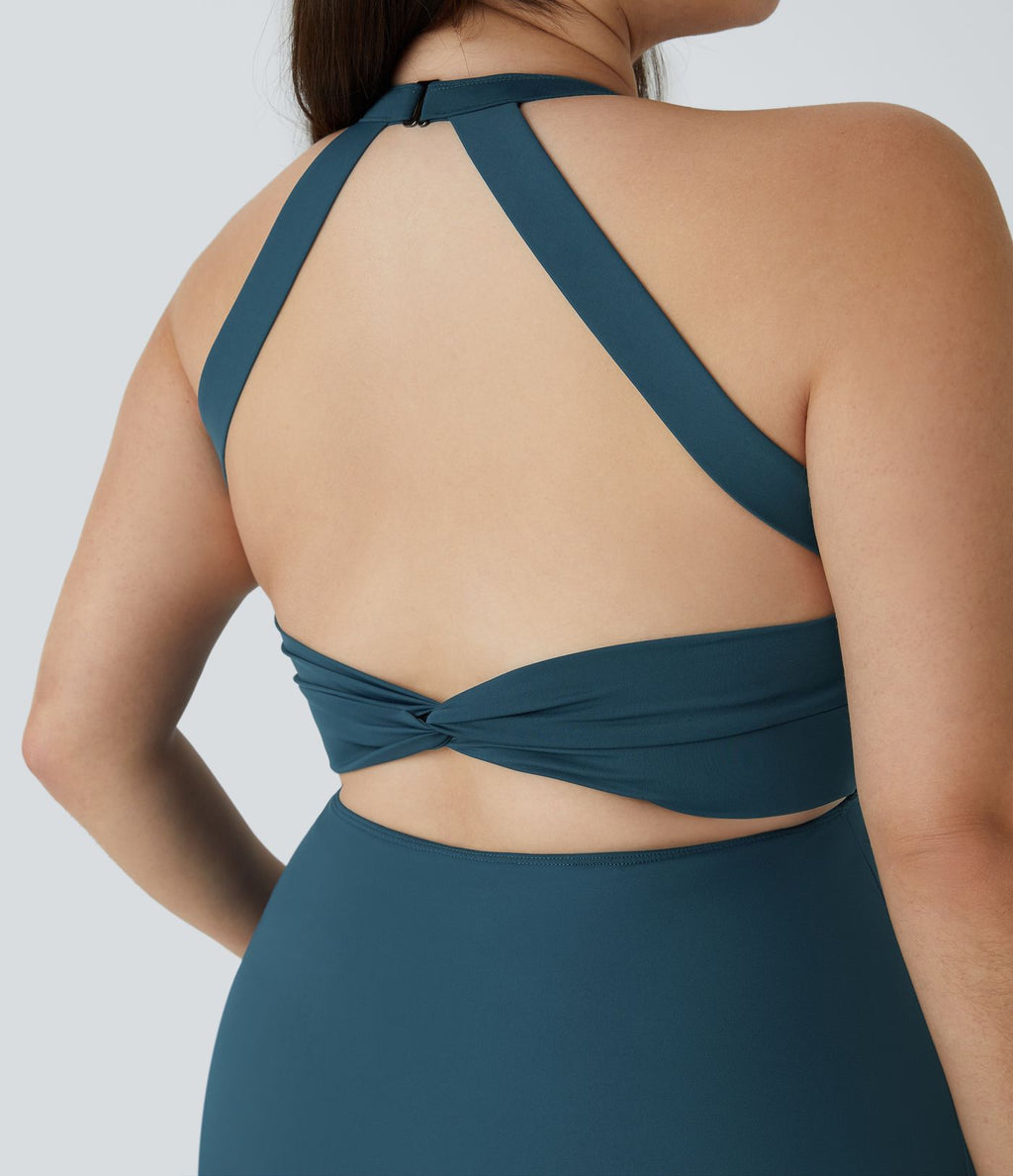 Robe Danse Barre Ballet Grande Taille 2 en 1 Col en U Dos Nu avec Découpe Torsadée et Poches Latérales - Plus Longue