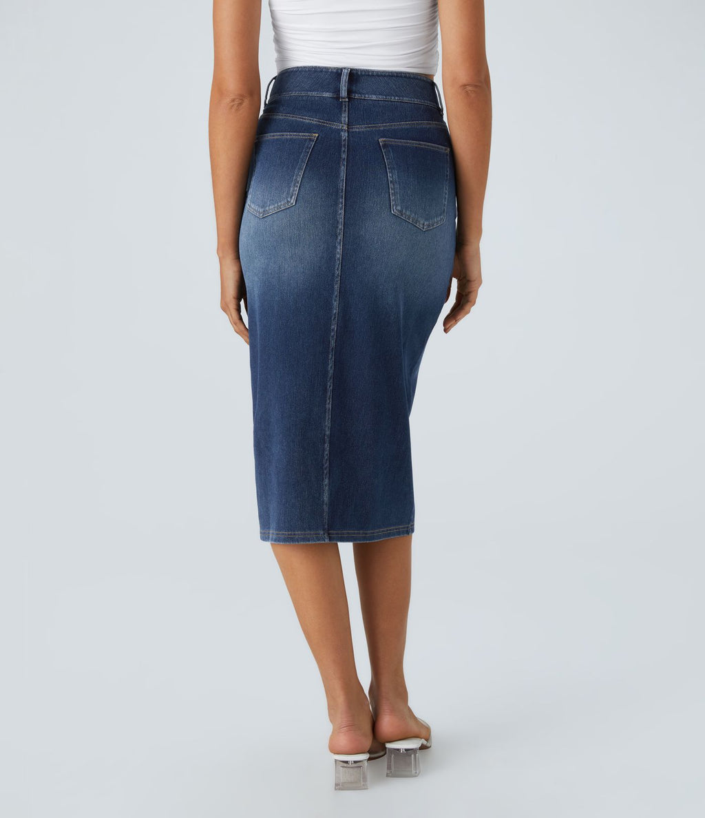 Halara Flex™ Jupe en Jean Casual Mi-Longue Délavé Extensible Plusieurs Poches Taille Haute