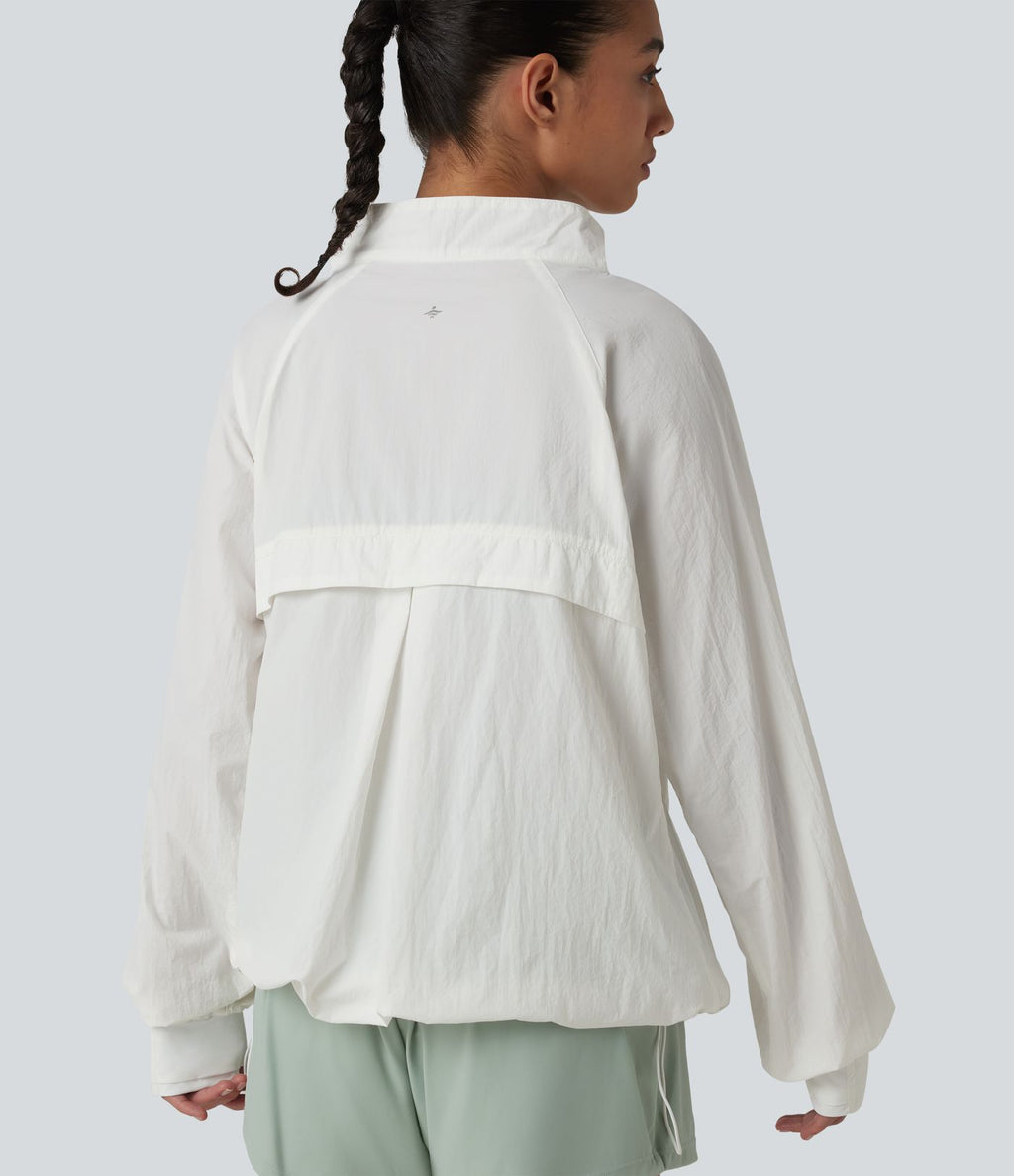 Coupe-vent casual à col droit avec trou pouces, cordon de serrage et poches