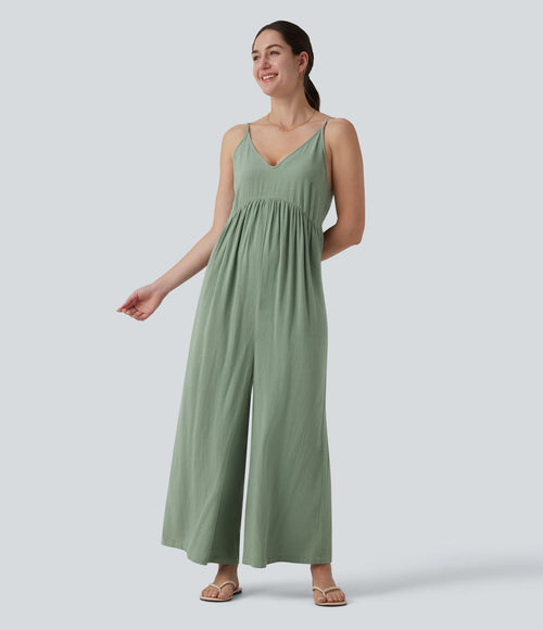 Combinaison casual large en lin sans manches, dos nu avec bretelles réglables et lien dans le dos