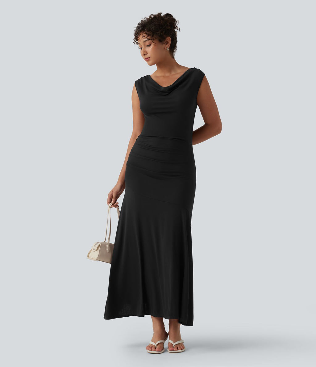 Robe décontractée maxi sans manches col drapé maille côtelée