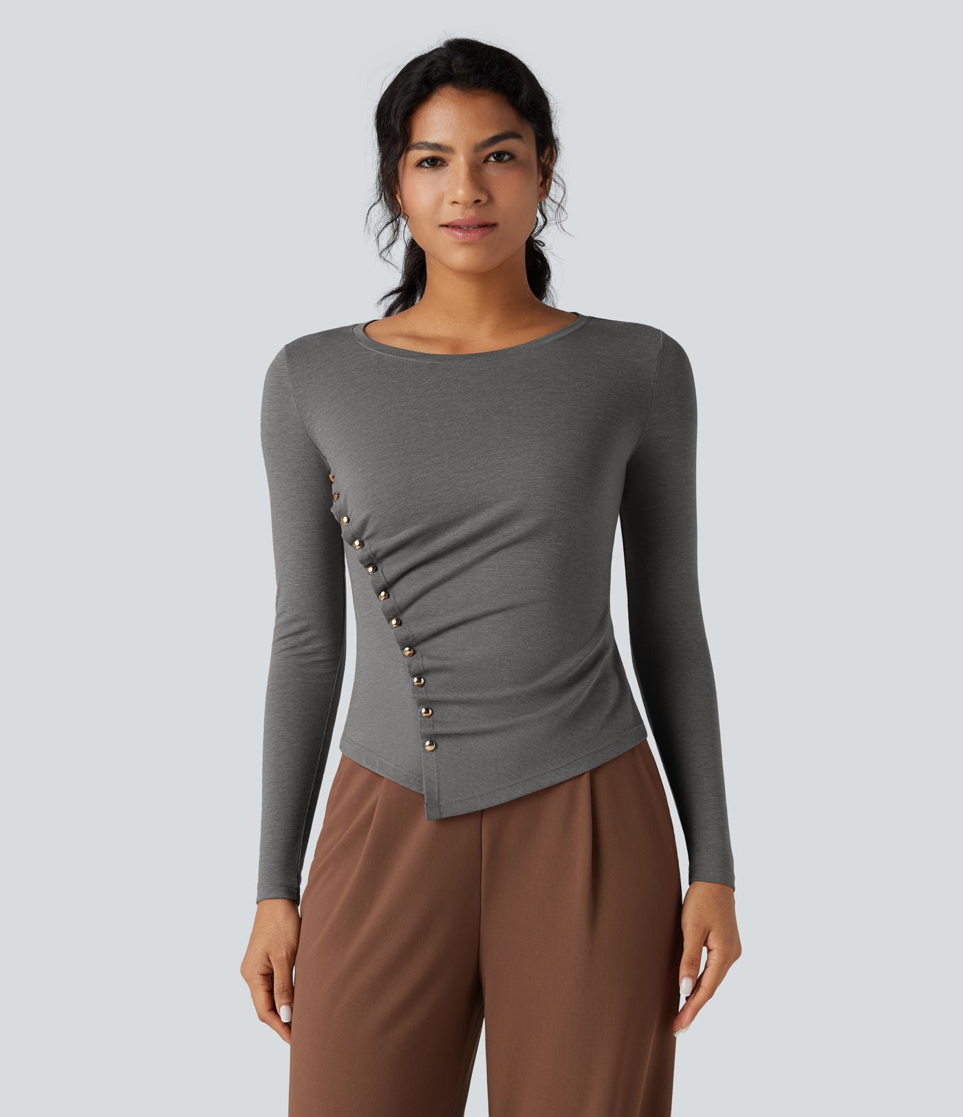 T-shirt tailleur col rond ourlet asymétrique manches longues