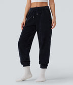 Pantalon décontracté chenille gaufré taille haute avec cordon de serrage et poches