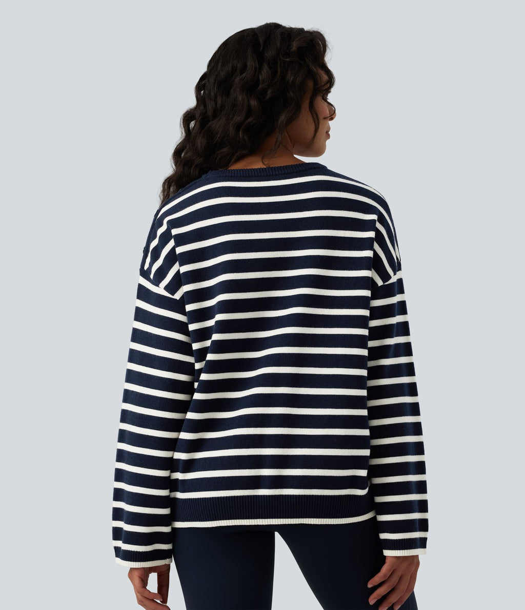 Pull casual à rayures col rond, manches longues et boutons décoratifs