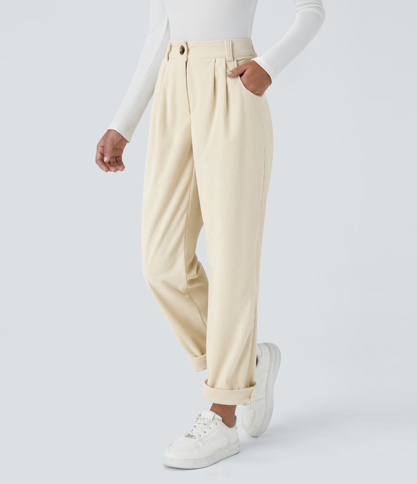 Pantalon en velours côtelé décontracté taille moyenne avec poches latérales