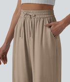 Pantalon casual large fluide mélange lin taille haute avec cordon de serrage et poches