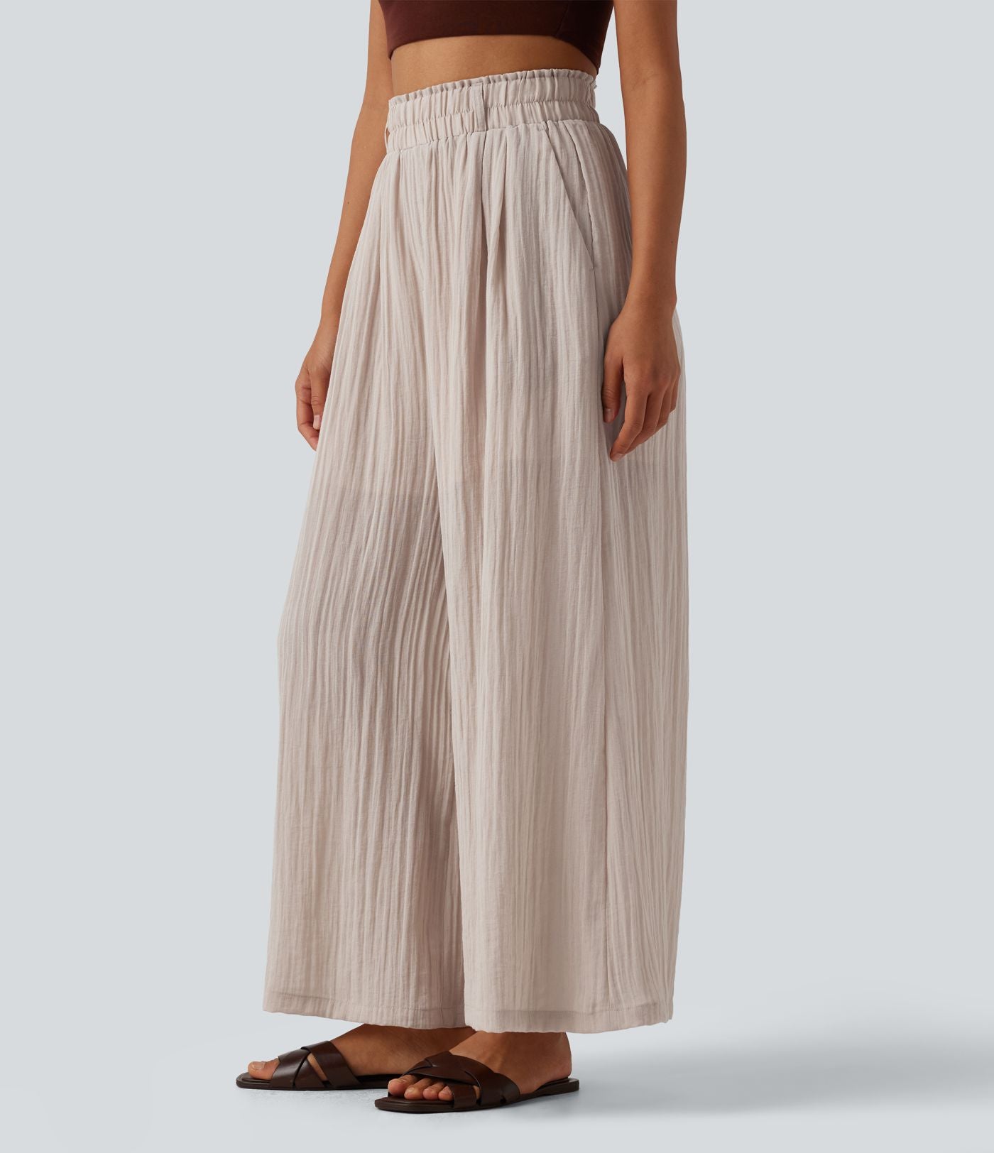 Pantalon fluide ample décontracté taille haute avec poches