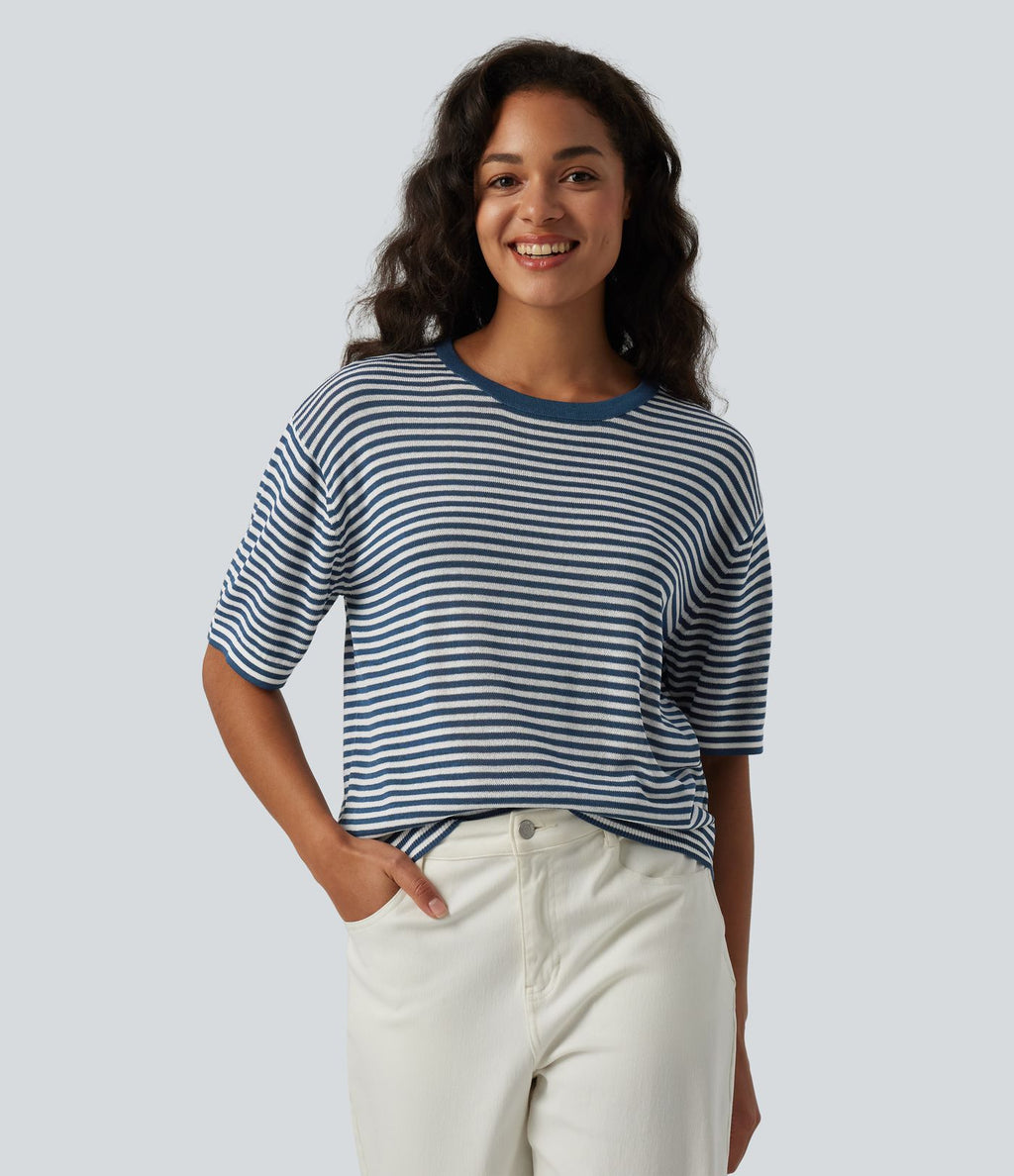 Pull décontracté rayé col rond manches courtes aspect lin