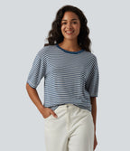 Pull décontracté rayé col rond manches courtes aspect lin